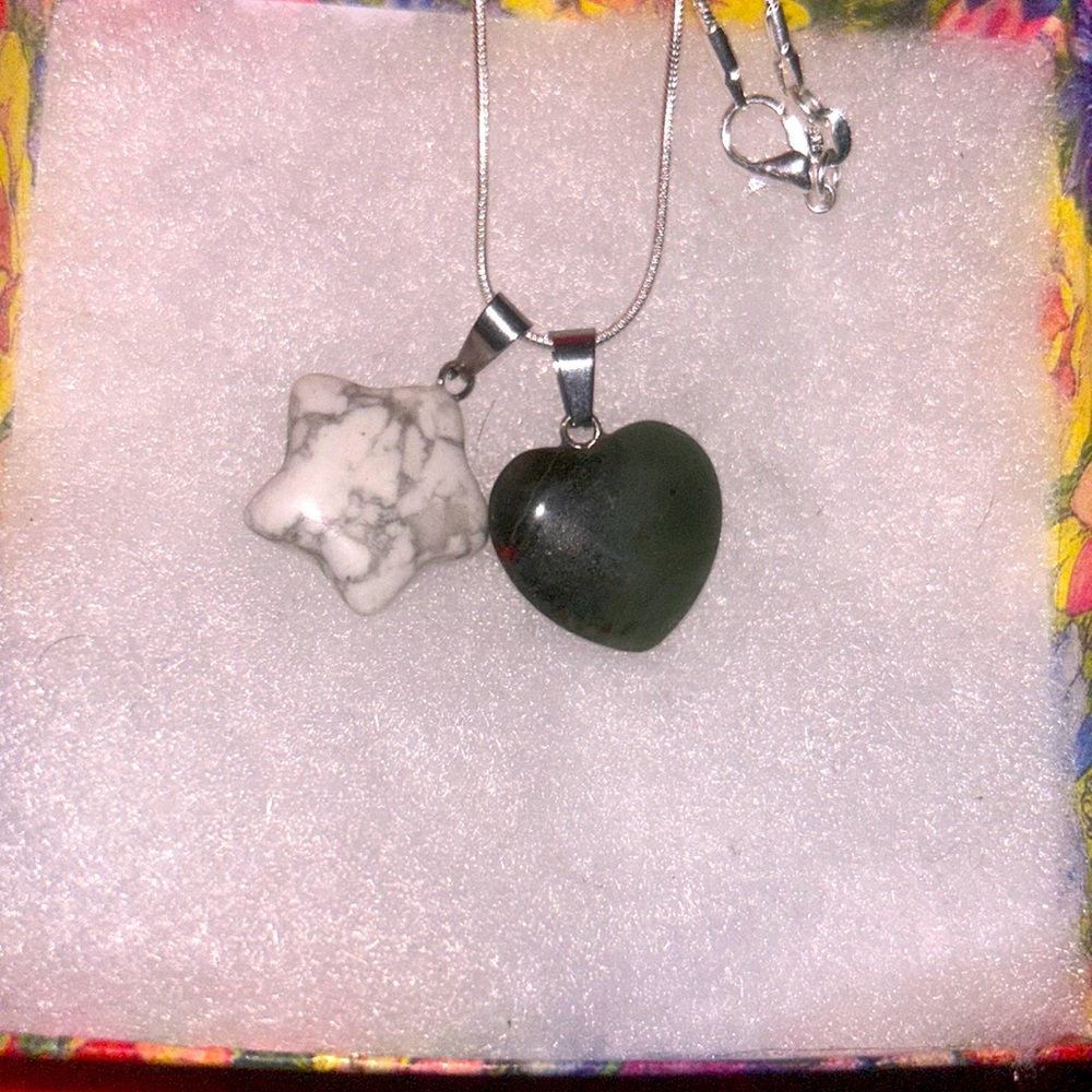 Boho hippie onyx heart and Howlite Star sterling silver neckla…